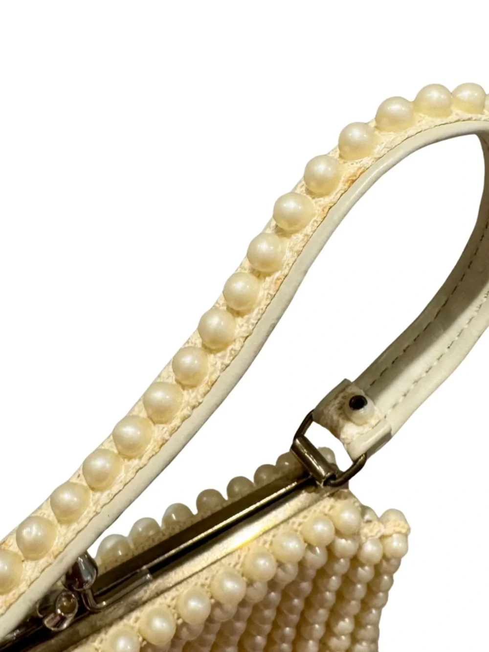Vintage Pearl-Embellished Cream Frame Clutch Purse Handbag - Retro!